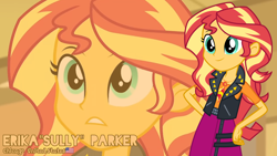 Size: 3410x1920 | Tagged: safe, artist:edy_january, artist:twilirity, derpibooru import, edit, edited screencap, screencap, sunset shimmer, human, equestria girls, alternate name, clothes, female, frown, geode of empathy, hand on hip, leather, leather vest, magical geodes, skirt, smiling, solo, spiked vest, vector used, vest