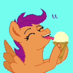 Size: 2048x2048 | Tagged: safe, artist:lukasz, derpibooru import, scootaloo, pegasus, pony, blue background, eating, eyes closed, female, food, ice cream, pixel art, simple background, solo, wings