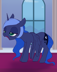 Size: 1620x2070 | Tagged: safe, artist:dusthiel, derpibooru import, princess luna, alicorn, pony, atg 2023, bags under eyes, female, lidded eyes, mare, missing accessory, newbie artist training grounds, open mouth, solo, tired, window, yawn