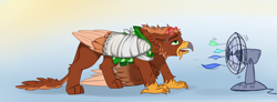 Size: 4422x1629 | Tagged: safe, artist:rutkotka, derpibooru import, oc, oc only, oc:pavlos, griffon, bandage, beak, broken bone, broken wing, cast, claws, clothes, colored wings, eared griffon, fan, gradient background, griffon oc, hawaiian shirt, hot, injured, leg fluff, one wing out, panting, shirt, sling, solo, sunglasses, sweat, wing fluff, wings