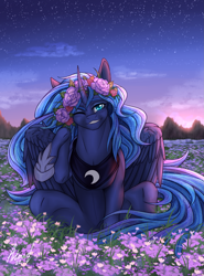 Size: 1649x2234 | Tagged: safe, artist:artmael sverr, derpibooru import, princess luna, alicorn, pony, blushing, female, floral head wreath, flower, looking at you, mare, mountain, one eye closed, outdoors, scenery, sitting, smiling, smiling at you, solo, stars, wink, winking at you