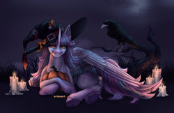 Size: 2381x1547 | Tagged: safe, artist:artmael sverr, derpibooru import, oc, oc only, alicorn, bird, pony, raven (bird), alicorn oc, candle, crossed hooves, female, hat, heart hoof, horn, looking at you, lying down, lying on the ground, mare, prone, pumpkin, raised tail, smiling, smiling at you, solo, tail, underhoof, unshorn fetlocks, wings