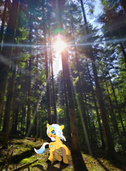 Size: 1516x2048 | Tagged: safe, artist:miwq, derpibooru import, oc, oc:aurore soleilevant, pony, unicorn, forest, irl, light, looking at you, orange coat, photo, ponies in real life, solo, tree