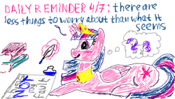 Size: 488x277 | Tagged: safe, artist:makise_homura, derpibooru exclusive, derpibooru import, twilight sparkle, alicorn, pony, fanfic:the enchanted library, 1000 hours in ms paint, book, crown, daily reminder, implied rarity, jewelry, motivational, quill, regalia, simple background, thought bubble, white background, writing