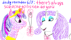 Size: 488x277 | Tagged: safe, artist:makise_homura, derpibooru exclusive, derpibooru import, rarity, twilight sparkle, alicorn, pony, unicorn, fanfic:the enchanted library, 1000 hours in ms paint, crown, daily reminder, embarrassed, jewelry, motivational, necklace, pendant, regalia, simple background, smiling, white background