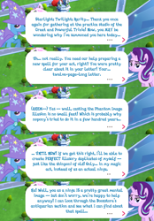 Size: 2048x2949 | Tagged: safe, derpibooru import, starlight glimmer, trixie, pony, unicorn, brooch, cape, clothes, dialogue, dialogue box, english, event, female, gameloft, hat, horn, implied rarity, implied twilight sparkle, jewelry, mare, mobile game, my little pony: magic princess, official, speech bubble, text, trixie's cape, trixie's hat