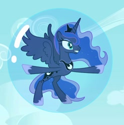 Size: 707x715 | Tagged: safe, derpibooru import, princess luna, alicorn, pony, bubble, floating, in bubble, sky, soap bubble, trapped