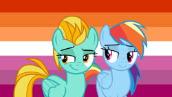 Size: 1920x1080 | Tagged: safe, artist:andoanimalia, derpibooru import, lightning dust, rainbow dash, pegasus, pony, faic, female, lesbian, lesbian pride flag, mare, pride, pride flag, pride month, rainbowdust, shipping, smiling, smug, smugdash