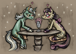 Size: 1125x794 | Tagged: safe, artist:deidad dissitum, derpibooru import, bon bon, lyra heartstrings, sweetie drops, earth pony, pony, unicorn, blush sticker, blushing, cheek fluff, colored pinnae, drink, drinking straw, engagement ring, female, heart, horn, horn ring, lesbian, lidded eyes, looking at each other, looking at someone, lyrabon, on pillow, profile, ring, romantic, sharing a drink, shipping, sitting, sitting on pillow, smiling, smoothie, table, unshorn fetlocks
