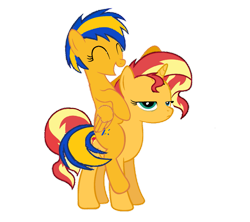 Size: 949x842 | Tagged: safe, artist:mlpfan3991, derpibooru import, sunset shimmer, oc, oc:flare spark, pegasus, pony, unicorn, canon x oc, duo, eyes closed, female, flareset, lesbian, ponies riding ponies, riding, shipping, simple background, smiling, sunset shimmer is not amused, transparent background, unamused