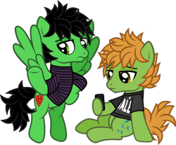 Size: 1719x1421 | Tagged: safe, artist:lightningbolt, derpibooru exclusive, derpibooru import, earth pony, pegasus, pony, .svg available, all time low, billie joe armstrong, cellphone, clothes, duo, duo male, flying, frown, green day, hoof hold, hoof on hip, lidded eyes, looking back, looking down, male, nose piercing, phone, piercing, ponified, shirt, show accurate, simple background, sitting, smartphone, species swap, spread wings, stallion, striped shirt, svg, t-shirt, transparent background, undershirt, vector, wings, zack merrick