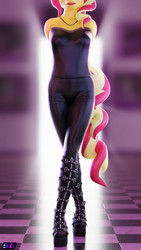 Size: 2160x3840 | Tagged: safe, artist:shadowboltsfm, derpibooru import, sunset shimmer, anthro, plantigrade anthro, equestria girls 10th anniversary, 3d, bare shoulders, blender, boots, breasts, female, hands behind back, high res, jewelry, knee-high boots, leather pants, lipstick, necklace, not sfm, platform boots, shoes, solo