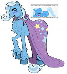 Size: 1104x1219 | Tagged: safe, artist:macintoosh, derpibooru import, trixie, pony, unicorn, g4, cape, chest fluff, clothes, ear piercing, earring, female, horn, jewelry, mare, open mouth, open smile, piercing, raised hoof, raised leg, redesign, smiling, trans female, trans trixie, transgender, trixie's cape, unshorn fetlocks