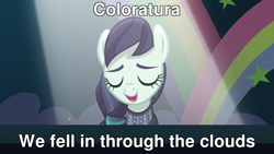Size: 1280x720 | Tagged: safe, derpibooru import, edit, edited screencap, screencap, coloratura, the mane attraction, caption, coldplay, image macro, solo, song reference, text, the magic inside