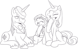 Size: 1228x770 | Tagged: safe, artist:nauyaco, derpibooru import, fleur-de-lis, prince blueblood, oc, pony, black and white, female, fleur-de-blueblood, fleurblood, food, grayscale, horn, horn impalement, laughing, lying down, male, monochrome, offspring, pancakes, parent:fleur-de-lis, parent:prince blueblood, parents:fleur-de-blueblood, prone, shipping, simple background, straight, white background