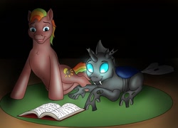 Size: 1262x910 | Tagged: safe, artist:termyotter, derpibooru import, oc, oc:macrophage, oc:spectrum gear, changeling, pony, atg 2023, book, lying down, newbie artist training grounds, prone