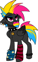 Size: 960x1556 | Tagged: safe, artist:smilesupsidedown, derpibooru import, oc, oc only, oc:panoramic riffs, pegasus, pony, anklet, clothes, collar, ear piercing, earring, eyeshadow, female, heart, jewelry, makeup, mare, mouth hold, multicolored hair, nose piercing, nose ring, pansexual, pansexual pride flag, piercing, pride, pride flag, pride pony, simple background, socks, solo, spiked wristband, striped socks, transparent background, wristband