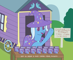 Size: 3000x2500 | Tagged: safe, artist:khazard, derpibooru import, trixie, pony, unicorn, atg 2023, blind bag pony, cape, clothes, female, hat, newbie artist training grounds, solo, trixie's cape, trixie's hat, trixie's wagon, wagon