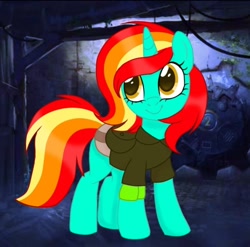 Size: 720x712 | Tagged: safe, derpibooru import, oc, oc:viper, pony, unicorn, fallout equestria, armband, bag, clothes, eyelashes, female, mechanic, multicolored hair, orange eyes, saddle bag, shirt, short sleeves, solo, solo female, stable 2