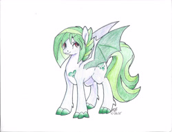 Size: 4944x3816 | Tagged: safe, artist:lunarskies92, derpibooru import, oc, oc only, oc:cora, dracony, hybrid, 2015, claw hooves, dragon wings, interspecies offspring, offspring, parent:rarity, parent:spike, parents:sparity, signature, simple background, smiling, solo, spread wings, traditional art, white background, wings
