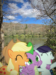 Size: 774x1032 | Tagged: safe, edit, editor:undeadponysoldier, photographer:undeadponysoldier, applejack, coloratura, spike, dragon, earth pony, best friends, cute, daaaaaaaaaaaw, dragons in real life, edited photo, female, freckles, group photo, hanging out, happy, hug, jackabetes, male, mare, pond, rara, rarabetes, spikabetes, water