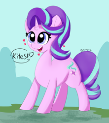 Size: 3000x3400 | Tagged: safe, artist:hymyt2, derpibooru import, starlight glimmer, pony, unicorn, cute, female, glimmerbetes, happy, heart, kite, looking up, mare, open mouth, open smile, simple background, smiling, text, that pony sure does love kites