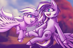 Size: 3000x2000 | Tagged: safe, artist:shad0w-galaxy, derpibooru import, oc, oc only, oc:azure serenity, oc:feather spread, pegasus, pony, chest fluff, commission, duo, eye contact, flying, grin, high res, hooves, looking at each other, looking at someone, open mouth, open smile, patreon, patreon reward, smiling, smiling at each other, unshorn fetlocks