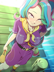 Size: 1200x1600 | Tagged: safe, artist:rockset, princess celestia, human, equestria girls, blushing, camp everfree outfits, clothes, female, humanized, looking at you, solo