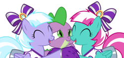 Size: 1280x601 | Tagged: safe, edit, editor:undeadponysoldier, lilac sky, spike, spring step, sunlight spring, dragon, pegasus, pony, bow, cheerleader, cute, daaaaaaaaaaaw, female, hair bow, happy, heartwarming, hug, male, mare, siblings, simple background, spikabetes, spikelove, transparent background, twins, vector, wholesome