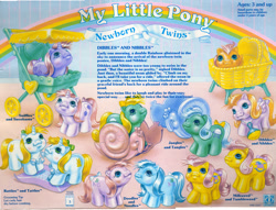 Size: 1277x976 | Tagged: safe, derpibooru import, photographer:breyer600, dibbles, doodles (g1), jangles (g1), milkweed, nibbles, noodles (g1), rattles, sniffles, snookums, tangles, tattles, tumbleweed (g1), earth pony, pegasus, pony, unicorn, g1, baby, baby pony, backcard, blushing, female, food, newborn, newborn twins, official, siblings, text, toy, twins