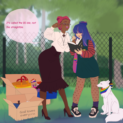 Size: 3072x3072 | Tagged: safe, artist:cryweas, derpibooru import, oc, oc only, oc:estella sparkle, oc:venus red heart, fox, human, bag, bible, bisexual pride flag, book, box, bracelet, christianity, clothes, commission, converse, cross, dark skin, duo, ear piercing, earring, eyebrow piercing, female, fence, fishnet stockings, gay pride flag, glasses, hair over eyes, high heels, humanized, humanized oc, jewelry, kitsune, lesbian pride flag, nail polish, necklace, nonbinary pride flag, nose piercing, nose ring, offspring, open mouth, overalls, pansexual pride flag, parent:flash sentry, parent:twilight sparkle, parents:flashlight, piercing, pride, pride flag, pride month, religion, ring, shirt, shoes, skirt, socks, stockings, thigh highs, tree