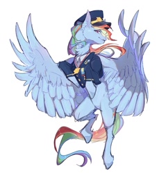 Size: 937x1024 | Tagged: safe, artist:cream_dragon, derpibooru import, rainbow dash, pegasus, pony, badge, clothes, flying, hat, jewelry, necklace, simple background, smiling, smirk, solo, spread wings, uniform, white background, wings