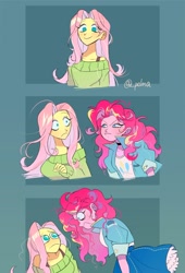 Size: 1280x1882 | Tagged: safe, artist:pelma, derpibooru import, fluttershy, pinkie pie, human, equestria girls, bra, bra strap, choker, clothes, cute, frown, off shoulder, off shoulder sweater, shyabetes, simple background, smiling, stare, sweater, sweatershy, teary eyes, underwear