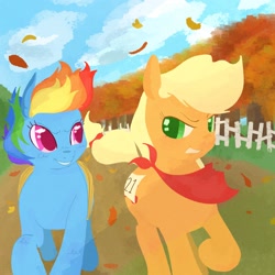 Size: 2048x2048 | Tagged: source needed, safe, artist:ombnom, derpibooru import, applejack, rainbow dash, earth pony, pegasus, pony, fall weather friends, angry, bound wings, duo, fence, leaves, running, running of the leaves, scene interpretation, scenery, smiling, tree, wings