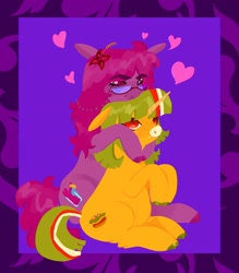 Size: 1798x2048 | Tagged: safe, artist:ombnom, derpibooru import, oc, oc:burger mare, pony, unicorn, duo, freckles, glasses, heart, hug, sitting