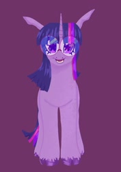 Size: 1454x2048 | Tagged: safe, artist:ombnom, derpibooru import, twilight sparkle, unicorn twilight, pony, unicorn, glasses, looking at you, purple background, simple background, smiling, solo, starry eyes, unshorn fetlocks, wingding eyes