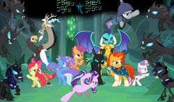 Size: 926x540 | Tagged: safe, derpibooru import, apple bloom, discord, maud pie, princess ember, queen chrysalis, scootaloo, starlight glimmer, sunburst, sweetie belle, thorax, trixie, changedling, changeling, draconequus, dragon, earth pony, pegasus, unicorn, season 6, to where and back again, alternate scenario, armored dragon, awesome, changeling kingdom, cutie mark crusaders, female, filly, foal, male, reformed four, what if