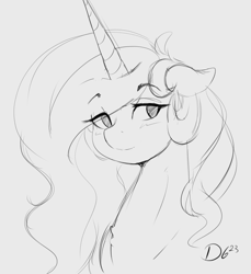 Size: 1913x2085 | Tagged: safe, artist:thelunarmoon, derpibooru import, princess celestia, alicorn, pony, bust, eye clipping through hair, eyebrows, eyebrows visible through hair, female, gray background, grayscale, lidded eyes, looking offscreen, mare, monochrome, simple background, sketch, smiling, solo