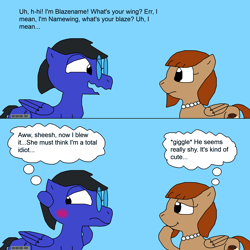 Size: 2000x2000 | Tagged: safe, artist:blazewing, derpibooru import, oc, oc only, oc:blazewing, oc:pecan sandy, pegasus, pony, 2 panel comic, atg 2023, blue background, blushing, comic, drawpile, duo, female, frown, looking away, male, mare, nervous, newbie artist training grounds, shy, simple background, smiling, stallion, talking, text, thought bubble, wavy mouth