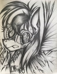 Size: 2514x3251 | Tagged: safe, artist:lydia, derpibooru import, pegasus, pony, robot, robot pony, broken, pencil drawing, sketch, splash, spread wings, traditional art, wings