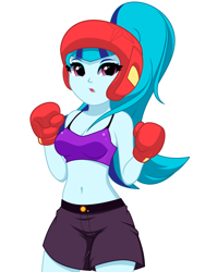 Size: 1132x1506 | Tagged: safe, artist:rosemile mulberry, derpibooru import, sonata dusk, human, equestria girls, belly button, boxing, boxing gloves, breasts, cleavage, clothes, female, headgear, midriff, open mouth, ponytail, shorts, simple background, solo, sonata bust, sports, sports bra, updated design, white background