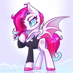 Size: 2048x2048 | Tagged: safe, artist:qwennondeathdie, derpibooru import, oc, oc only, oc:litchi, bat pony, pony, bat pony oc, bat wings, clothes, female, high res, mare, raised hoof, raised leg, signature, solo, spread wings, suit, wings