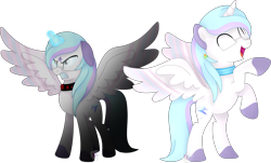 Size: 4600x2782 | Tagged: safe, artist:pure-blue-heart, derpibooru import, oc, oc:winter solstice, alicorn, pony, agender, alicorn oc, angry, choker, colored hooves, commission, duality, ears back, glasses, glowing, glowing eyes, glowing horn, horn, magic, rearing, smiling, solo, striped wings, two toned mane, wings