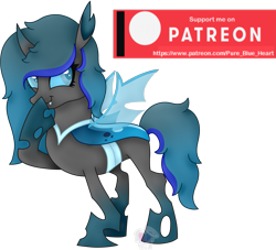 Size: 2121x1924 | Tagged: safe, artist:pure-blue-heart, derpibooru import, oc, oc only, oc:lilo, changeling, blue changeling, changeling oc, fangs, female, giggling, gradient hooves, hoof over mouth, mare, patreon, patreon reward, simple background, solo, transparent background, two toned mane