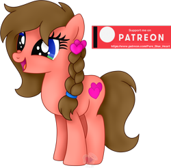 Size: 1836x1804 | Tagged: safe, artist:pure-blue-heart, derpibooru import, oc, oc:heartstrung, earth pony, pony, braid, brown mane, earth pony oc, hairclip, heart, heterochromia, patreon, patreon reward, simple background, smiling, solo, transparent background