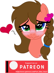 Size: 1077x1455 | Tagged: safe, artist:pure-blue-heart, derpibooru import, lovestruck, oc, oc only, oc:heartstrung, pony, blushing, braid, brown mane, bust, female, hairclip, heart, heterochromia, mare, patreon, patreon reward, portrait, simple background, solo, transparent background