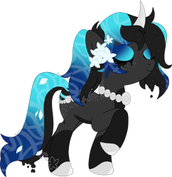 Size: 2708x2799 | Tagged: safe, artist:pure-blue-heart, derpibooru import, oc, oc only, original species, pond pony, unicorn, closed species, colored hooves, commission, eyes closed, eyeshadow, female, flower, flower in hair, freckles, horn, makeup, mare, simple background, solo, transparent background, two toned mane, unicorn oc, water