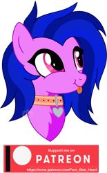 Size: 957x1542 | Tagged: safe, artist:pure-blue-heart, derpibooru import, oc, oc only, earth pony, :p, bust, collar, earth pony oc, heart, patreon, patreon reward, pink eyes, portrait, simple background, tongue, tongue out, transparent background, two toned mane
