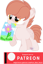 Size: 1374x2063 | Tagged: safe, artist:pure-blue-heart, derpibooru import, oc, oc:brushed light, earth pony, crayon drawing, earth pony oc, female, filly, flower, foal, freckles, golden eyes, mare, patreon, patreon reward, short hair, simple background, traditional art, transparent background