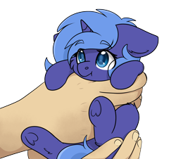 Size: 2364x2133 | Tagged: safe, artist:rokosmith26, derpibooru import, princess luna, alicorn, pony, cheek fluff, commission, cute, ears, female, floppy ears, hand, holding, holding a pony, horn, in goliath's palm, looking up, mare, moderate dark skin, simple background, size difference, solo, transparent background, underhoof, ych example, young luna, your character here